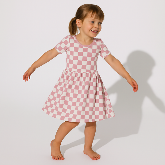 Bamboo Twirl Dress Pink Grid
