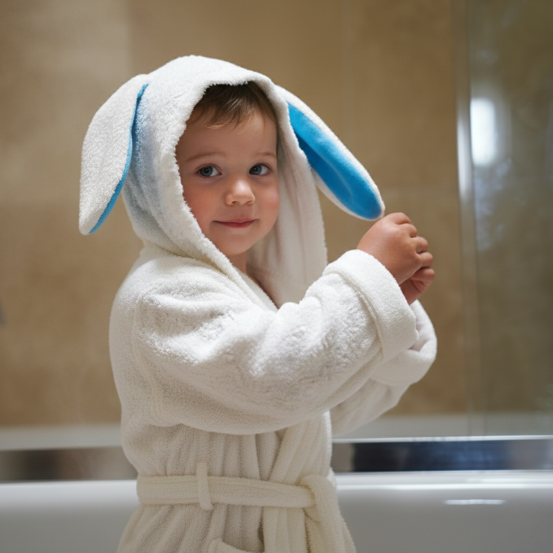 Blue & Pink Bamboo Kids Bathrobe (Ages 2–9) – Ultra-Soft Bunny Ear Robe