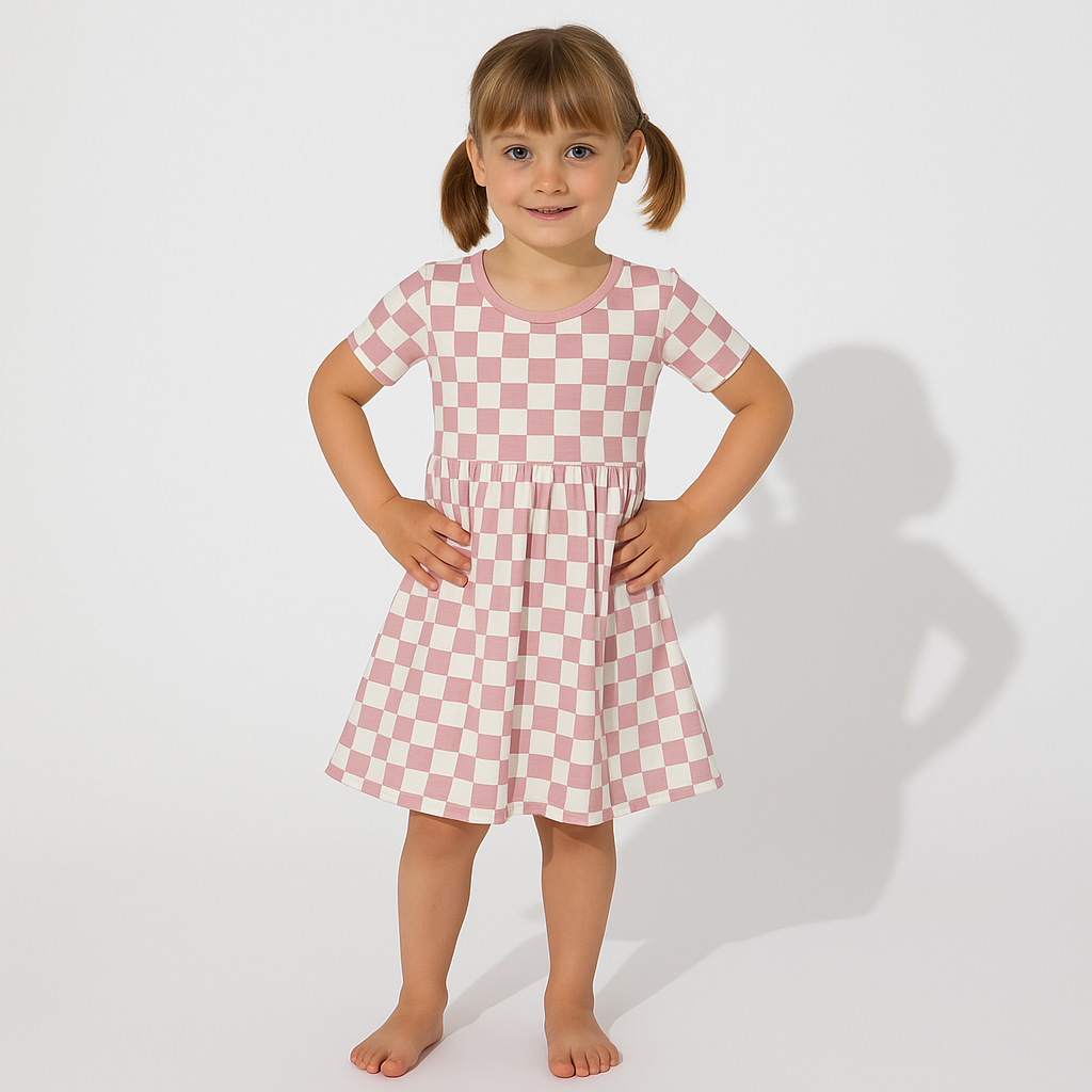 Bamboo Twirl Dress Pink Grid