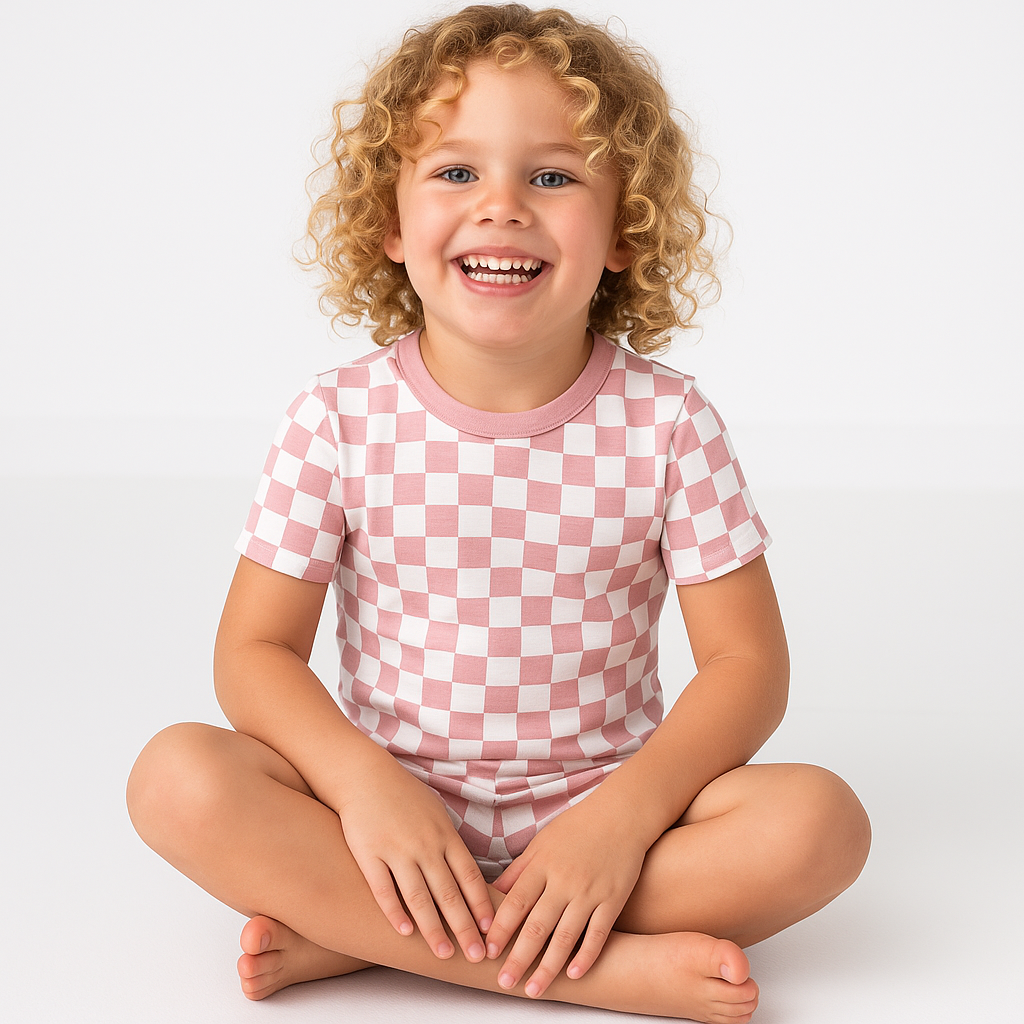 Bamboo Two-Piece Shirt & Short Set Pink Grid