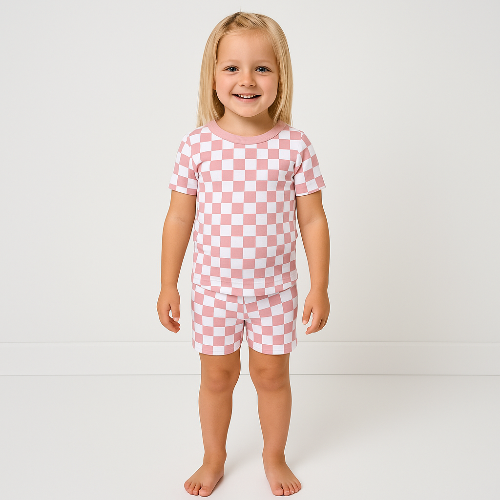 Child wearing pink and white checkered pajamas on a plain background