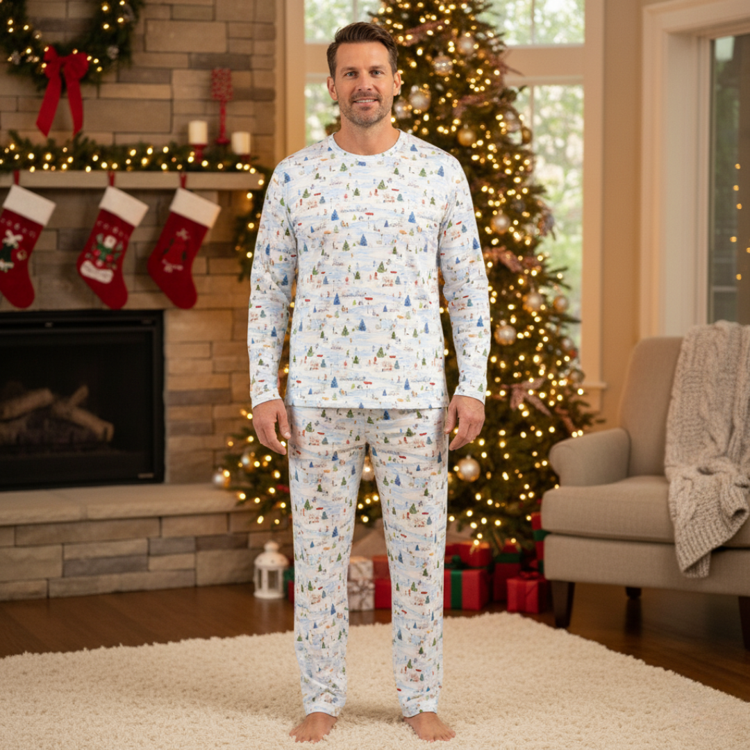 Men's Adult Bamboo Two-Piece Pajama Winter Village