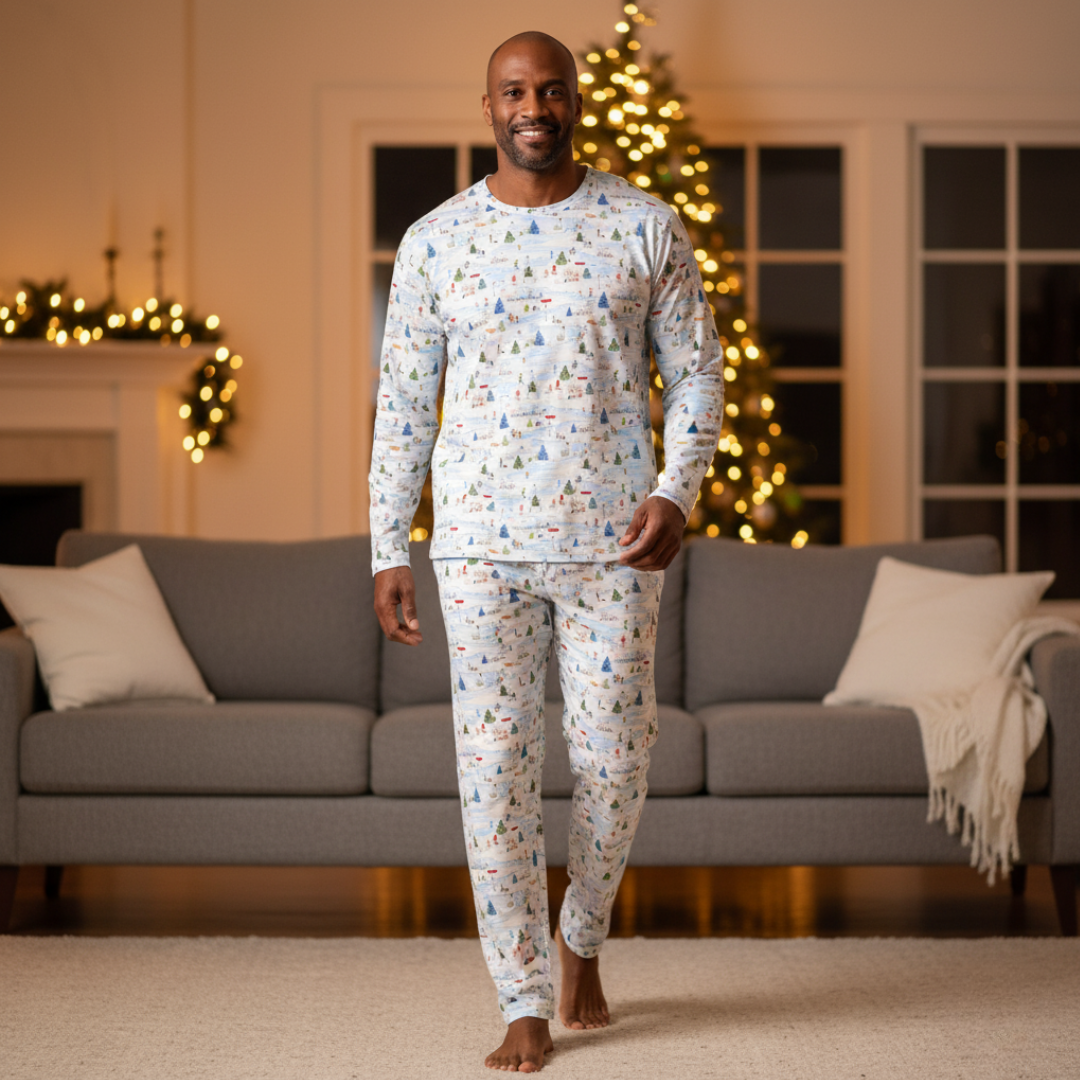 Men's Adult Bamboo Two-Piece Pajama Winter Village