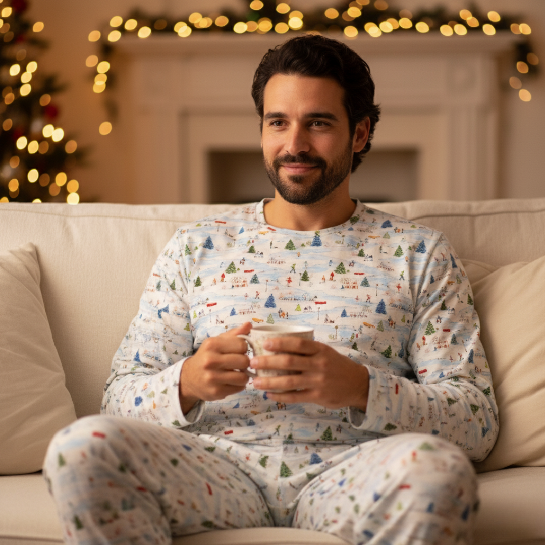 Men's Adult Bamboo Two-Piece Pajama Winter Village