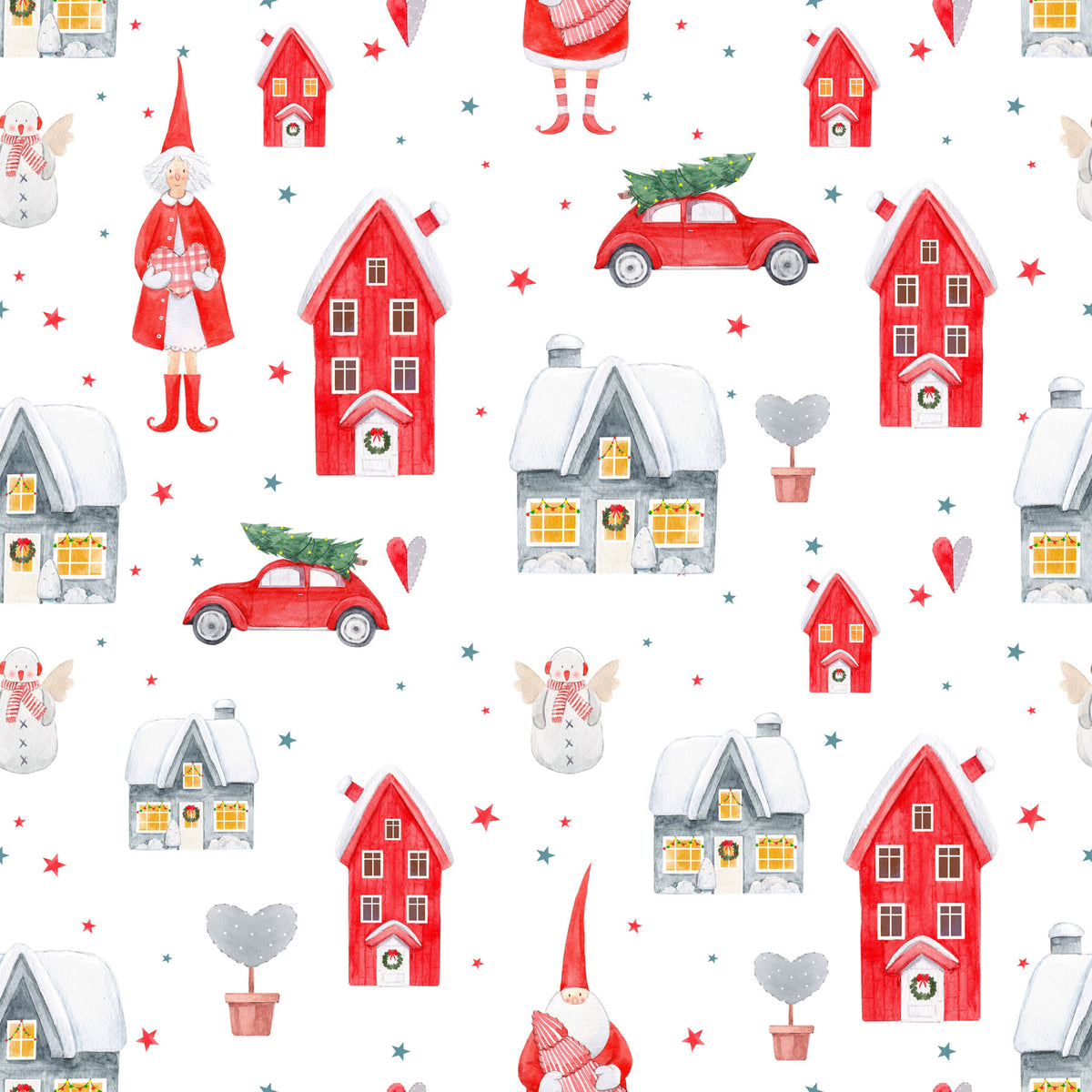 A repeating Christmas-themed pattern on a white background featuring red houses, Santa Claus figures, red cars with Christmas trees, snow-capped gray houses, snowmen, and small red stars.