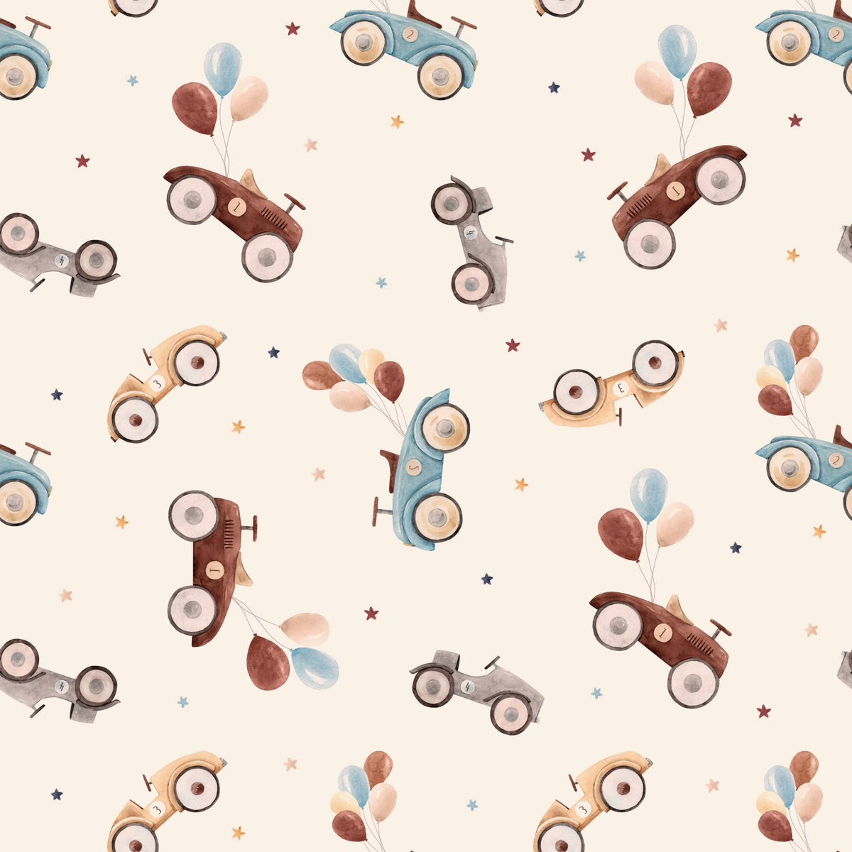 A repeating pattern featuring whimsical vintage toy cars in brown, blue, and beige, floating with pastel balloons and small stars on a warm cream background.