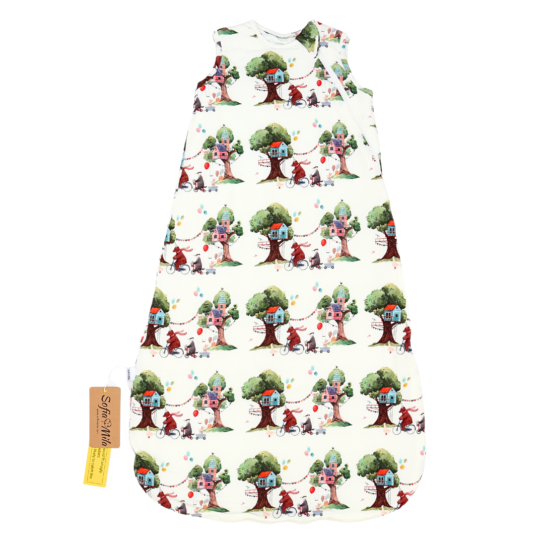 Dress with treehouse and gnome pattern on a white background