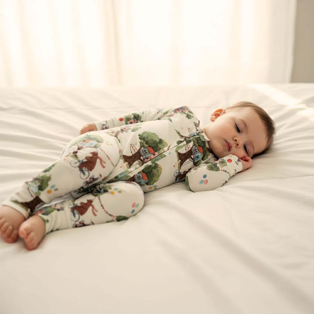 Baby wearing a patterned onesie lying on a white bed
