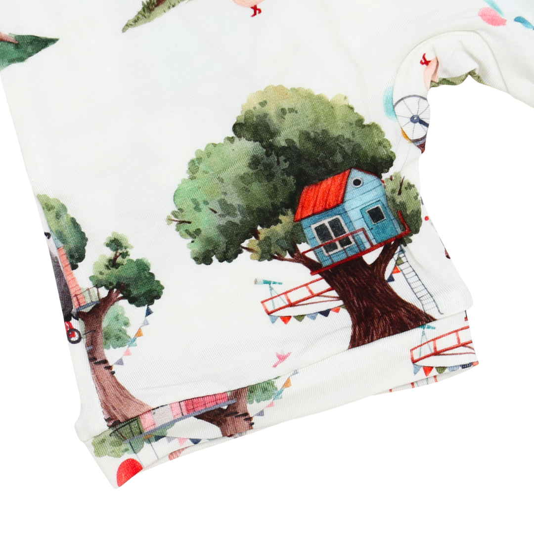 Fabric with treehouse pattern on a white background