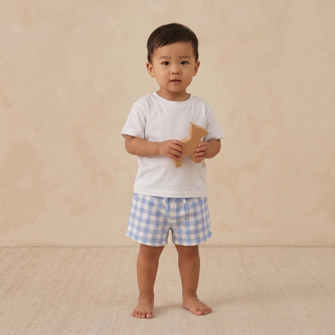 Child wearing a white shirt and blue checkered shorts holding a wooden toy against a beige background
