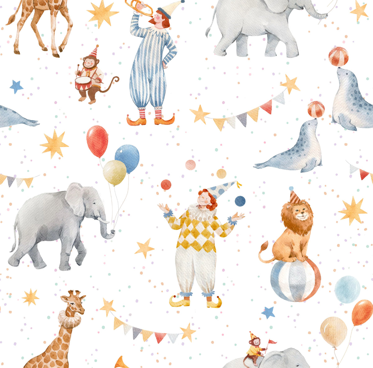 Circus-themed pattern with clowns, animals, and balloons on a white background