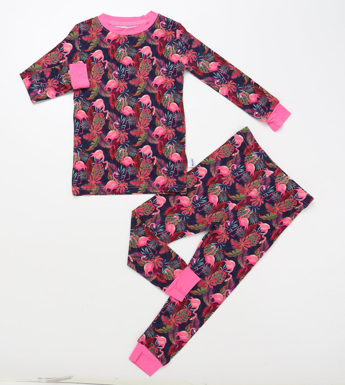 Floral pajama set with pink flamingo pattern on a white background