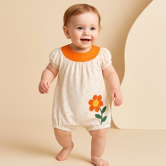 Orange Short Romper with Flower Embroidery