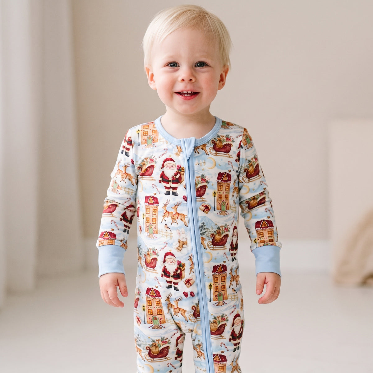 A smiling toddler wearing a long-sleeve zip-front pajama romper with a light blue trim and a festive holiday print featuring Santa Claus, snowmobiles, houses, and deer on a cream background.