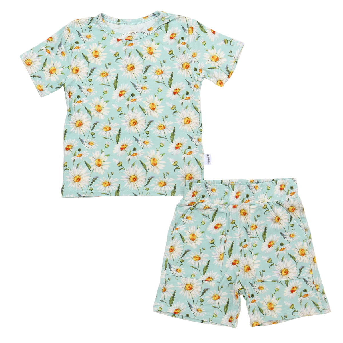 Children's pajama set with floral pattern on a light blue background