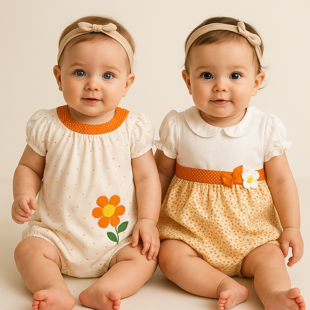 Orange Short Romper with Flower Embroidery
