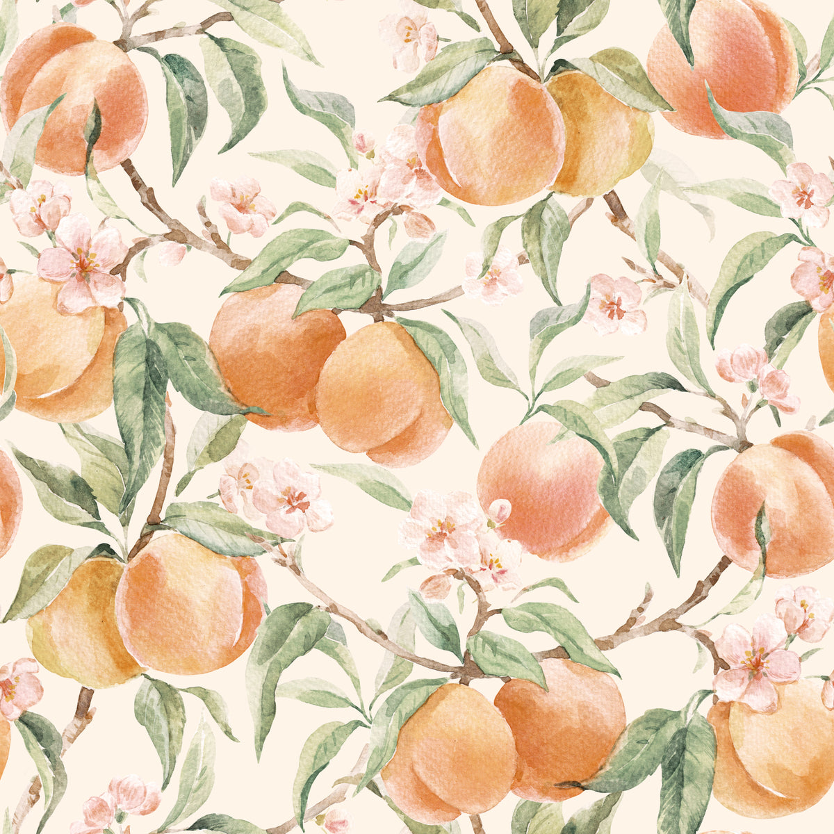 Pattern of peaches and peach blossoms on a light background