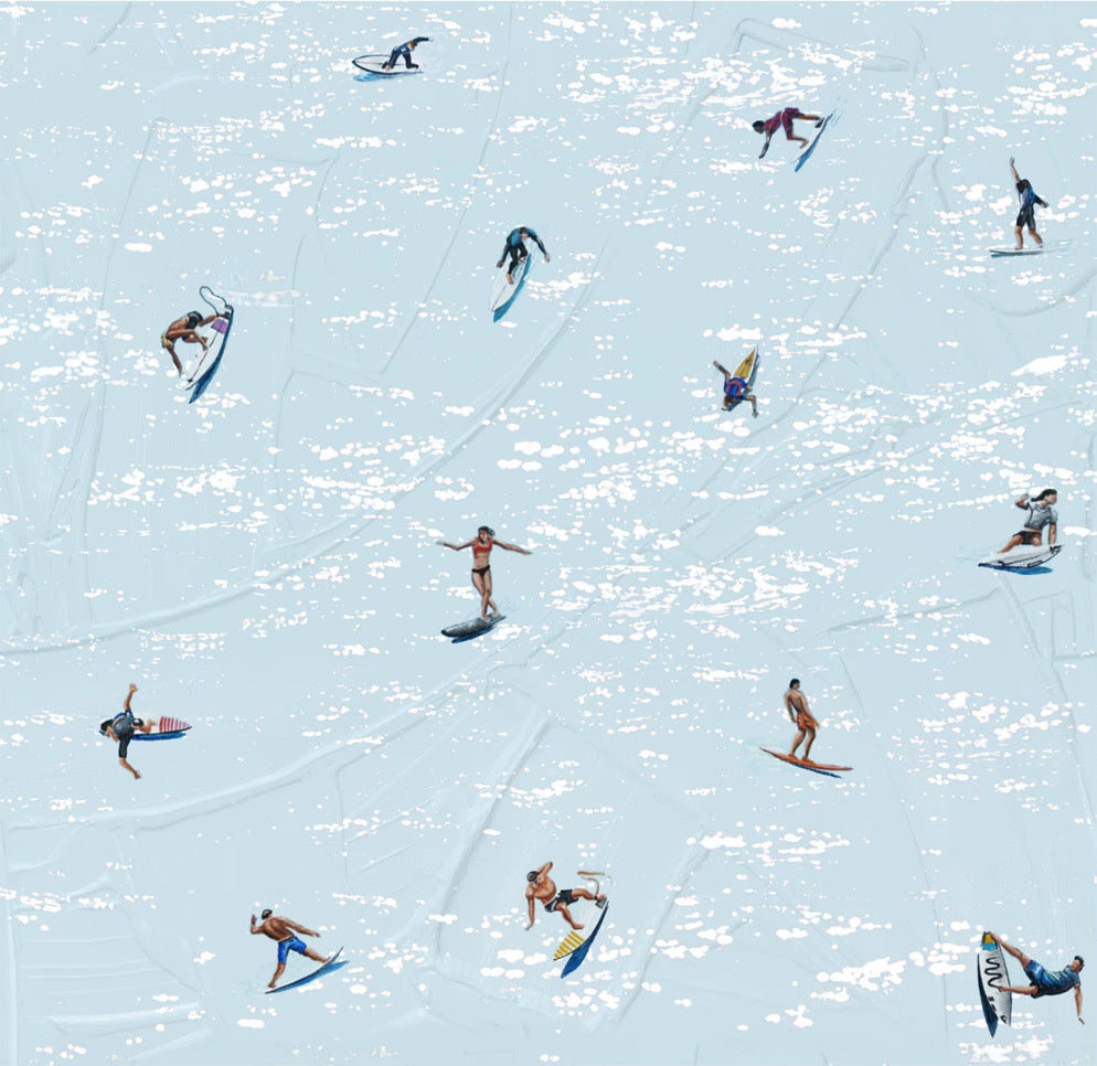 Top-down view of people water skiing on a body of water.