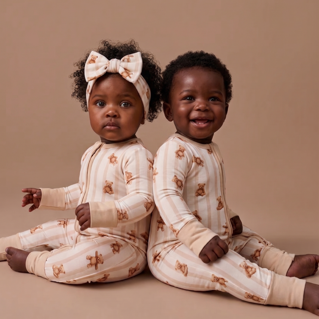 Two children wearing matching pajamas with a brown background