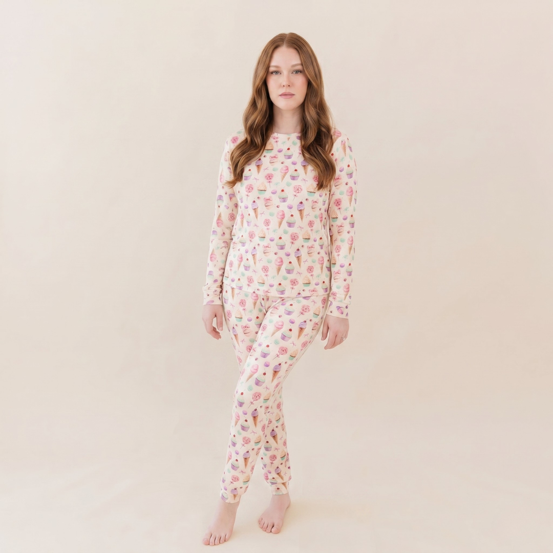 Woman wearing a floral pajama set on a beige background