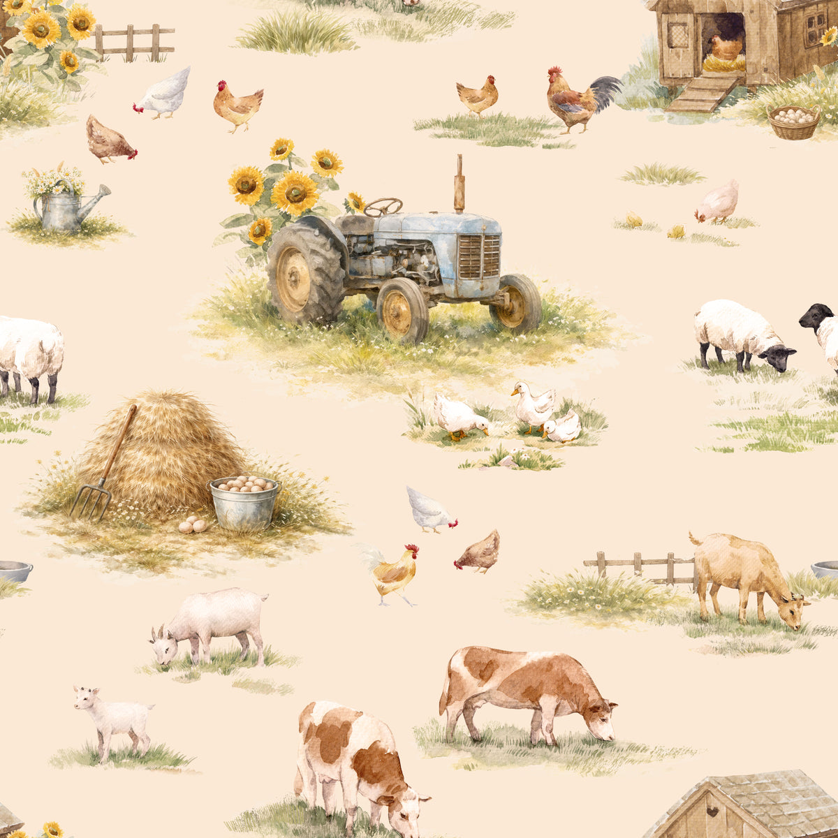 A repeating farm-themed pattern on a warm beige background, featuring a blue tractor, cows, sheep, chickens, hay bale, fence, watering can, and small rustic buildings.